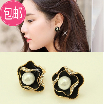 无耳洞耳夹式水钻黑色花朵珍珠饰品韩国时尚假耳环气质女耳钉耳饰