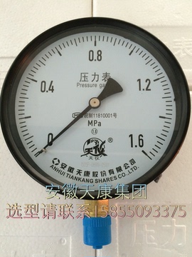 安徽天康普通压力表Y100/0-1.6MPA/20*1.5/天康铜表