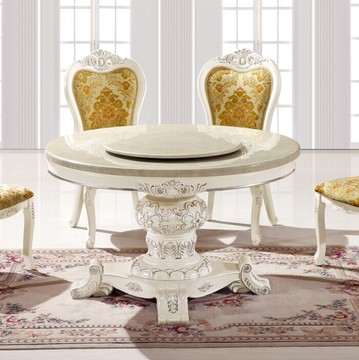 欧式大理石餐桌椅组合小户型白色实木餐桌法式雕花圆桌带转盘定制