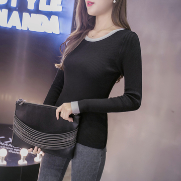 2016秋季韩版新款修身显瘦纯色针织衫上衣长袖套头圆领毛衣女