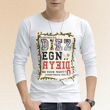 2015秋季韩版男士潮款长袖T恤全棉男装修身圆领字母大图案打底衫