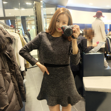 2015冬装新款女装连衣裙长袖加厚毛呢韩版收腰修身显瘦荷叶边裙子
