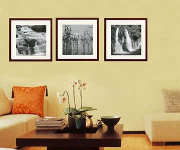 黑白风景三联现代中式实木带框装饰画客厅书房办公室茶餐厅墙壁画