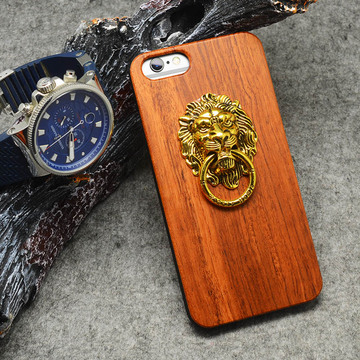 iPhone6s铜狮指环手机壳 苹果6splus手工定制实木贴PC个性保护套