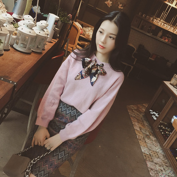 2015冬装新款韩国气质甜美领口蝴蝶结系带套头打底针织毛衣女