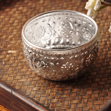 现货泰国进口手工锡碗锡艺制品贵族皇室花卉果盘 高档礼品米饭碗