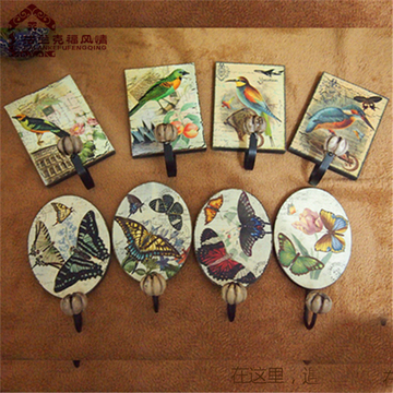 欧式、美式实木复古挂钩 乡村风格鸟类蝴蝶图案装饰挂钩 4个包邮