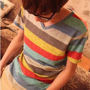 男装2015新款韩版短袖T恤 林弯弯夏季复古拼接大条纹V领短T上衣