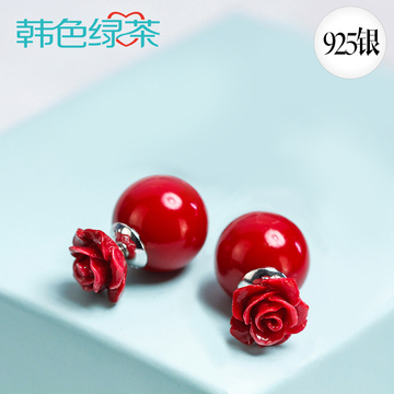 925银耳钉女甜美气质珍珠玫瑰花耳饰品日韩国时尚百搭双面耳环