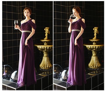 2015新款长款新娘敬酒服礼服紫色单肩伴娘服高贵优雅晚装礼服修身
