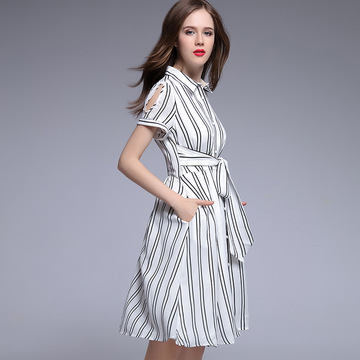 欧洲站黑白条纹翻领显瘦连衣裙2016夏季新款式精品