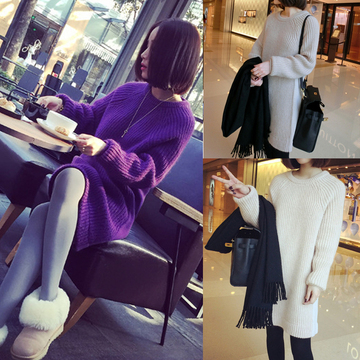 韩国2015新款 粗毛线加厚中长款宽松毛衣女秋冬韩版套头针织衫