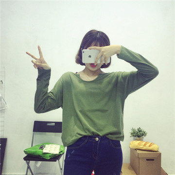 2015秋季新品 韩版简单百搭纯色U型领打底衫t恤 学院风女长袖T