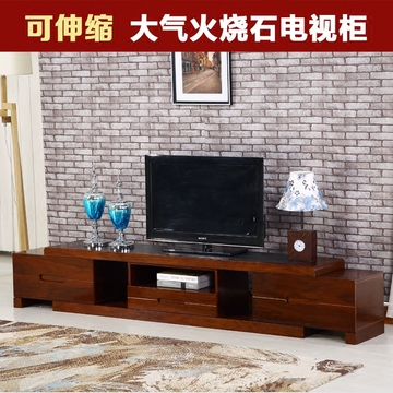 现代中式火烧石大理石电视柜 小户型实木地柜组合可伸缩电视柜