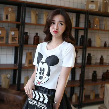 2015春夏季新款韩版大码女装米老鼠短袖卡通字母t恤半袖打底衫潮