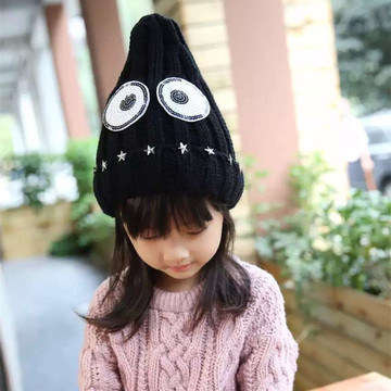 韩版大眼睛儿童毛线帽 可爱宝宝针织帽 男女童冬天保暖双层加绒帽