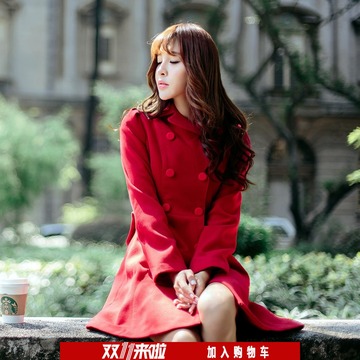 双11预售女装冬装新款MK同款大红色蝴蝶结淑女气质中长款毛呢外套