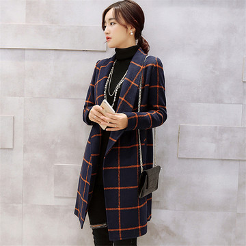 2015冬装新款女装韩版中长款毛呢外套女修身显瘦时尚格子呢子大衣
