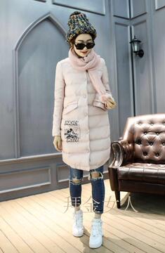 2015冬装新款北纬度8633拼皮口袋米老鼠印花图案韩版羽绒棉外套女