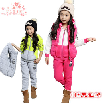 儿童套装2015新款秋冬季韩版时尚卫衣女童休闲卡通加绒加厚三件套