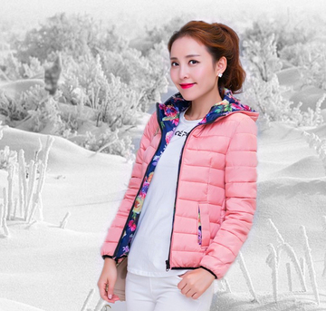 韩版2015羽绒棉衣女短款显瘦修身连帽时尚休闲超轻薄两面穿冬长袖
