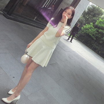 夏季2016名媛白色冰丝针织镂空两件套连衣裙小香风时尚套装裙女潮