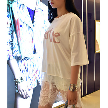 女2015夏新款韩版中长款蕾丝拼接印花宽松欧美短袖T恤打底衫半袖