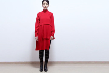 ATTITUDE2014秋冬香港品牌女欧美韩版不规则长袖设计女大红连身裙