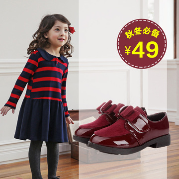 女童皮鞋新款秋季10岁儿童单鞋红色酒红色皮鞋