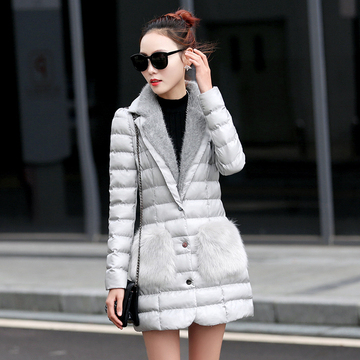2015冬装新款韩版修身显瘦棉袄女西装领真毛加厚中长款时尚棉衣女