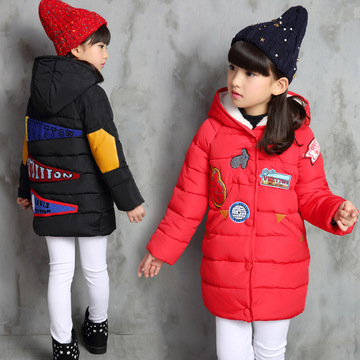 2015新款韩版童外套女童冬款中大童儿童绣花标童棉衣袄童装连帽