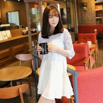 2015夏季新款 韩版七分袖网纱拼接珍珠雪纺假两件连衣裙
