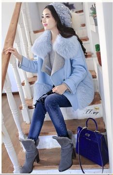 2015冬装新款韩版显瘦狐狸毛领短款毛呢外套皮草加厚大衣女装