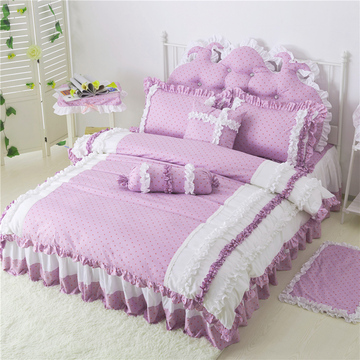 新款韩版全棉波点三四件套纯色马卡龙系列床裙床单式家纺床上用品