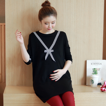 2016秋装新款韩版时尚宽松大码卫衣孕妇T恤长袖中长款织带装饰