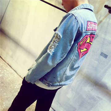 2015春装新款高品质男士韩版修身超人superman标志牛仔外套夹克衫