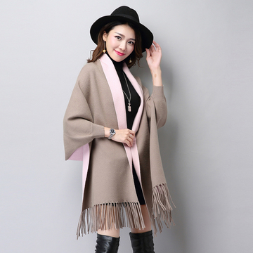 2015春女新款韩版蝙蝠型多色包芯纱中长款流苏披肩毛衣开衫外套