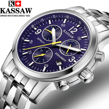 正品kassaw卡梭手表自动机械表男表防水夜光精钢镂空男士运动腕表