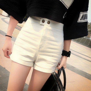 2015夏新款韩版修身女式牛仔热裤 两粒扣白色卷边口袋高腰短裤 白
