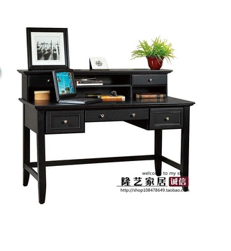 美式乡村复古实木书桌书架组合简约小书桌写字台桌电脑桌黑色做旧