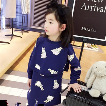 女童春秋裙装2015韩版新款兔子图案套头针织两件套裙装女宝宝套装