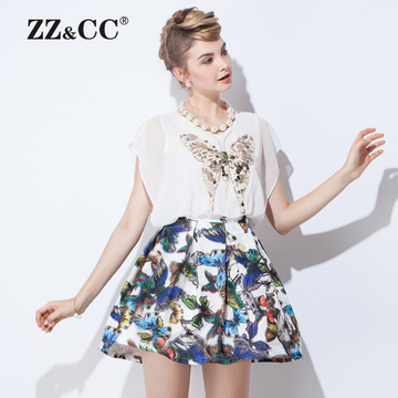 ZZCC2015夏装新款大码女装胖MM绣花修身显瘦中长款短袖连衣裙