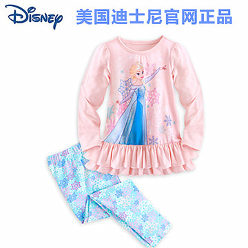 现货 美国迪士尼正品 女童长袖睡衣长裤套装 爱莎公主睡衣裤3-9岁