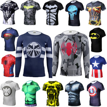 超级英雄3D运动紧身衣男短袖漫威蝙蝠侠超人T恤训练服长袖压缩衣