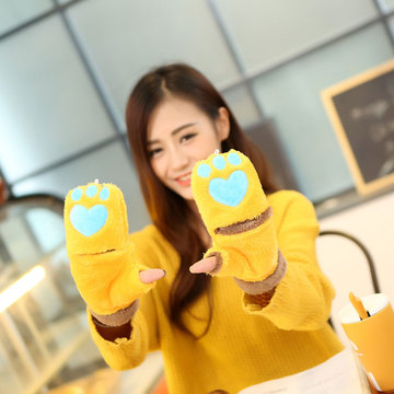 韩版新款卡通小猫爪手套 半指翻盖桃心保暖羊绒冬季可爱手套女