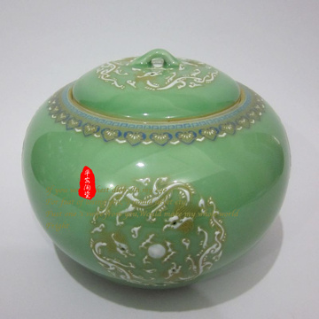 定制景德镇精制瓷器 纯手工制作豆青釉描金陶瓷罐 茶叶罐普洱茶罐