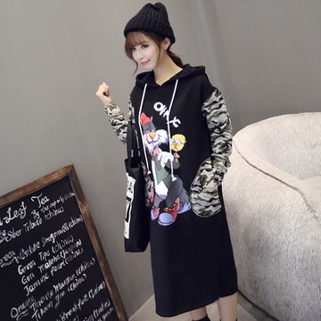 2015秋冬新款韩版大码加绒加厚套头卫衣裙连帽中长款卫衣女