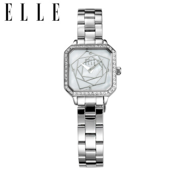 ELLE手表女士石英表钢带防水女表时尚玫瑰印花镶钻表盘时装表正品