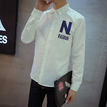 秋季男士长袖衬衫 韩版修身型潮白色衬衣 男装日系休闲小清新寸衫