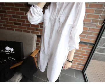 FDL韩国代购2015新款秋冬新款大码女装口袋韩版中长款衬衫衬衣
